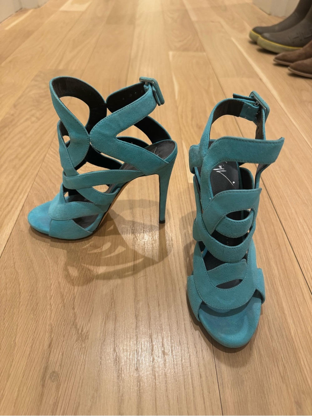 Giuseppe Zanotti Turquoise/Teal Suede Caged Strappy High Heel Sandals